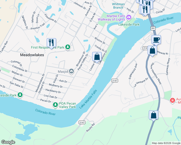 map of restaurants, bars, coffee shops, grocery stores, and more near 1105 Louise Street in Marble Falls