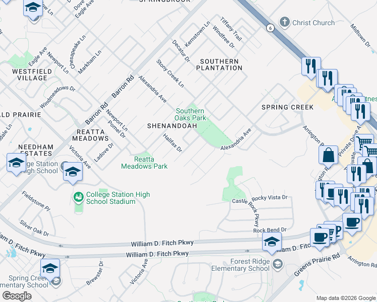 map of restaurants, bars, coffee shops, grocery stores, and more near 1204 Robinsville Court in College Station