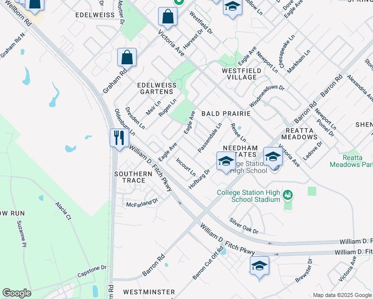 map of restaurants, bars, coffee shops, grocery stores, and more near 3906 Lambermont Drive in College Station