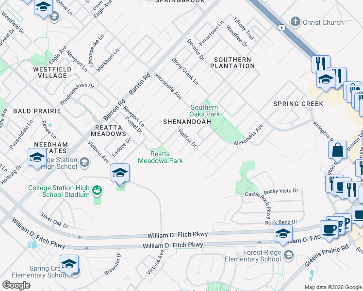 map of restaurants, bars, coffee shops, grocery stores, and more near 1109 Waynesboro Court in College Station