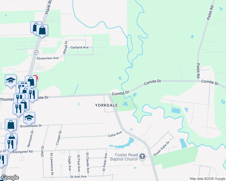 map of restaurants, bars, coffee shops, grocery stores, and more near 6941 Comite Drive in Baker