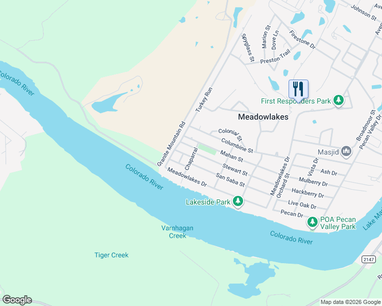 map of restaurants, bars, coffee shops, grocery stores, and more near 270 Chaparral in Meadowlakes