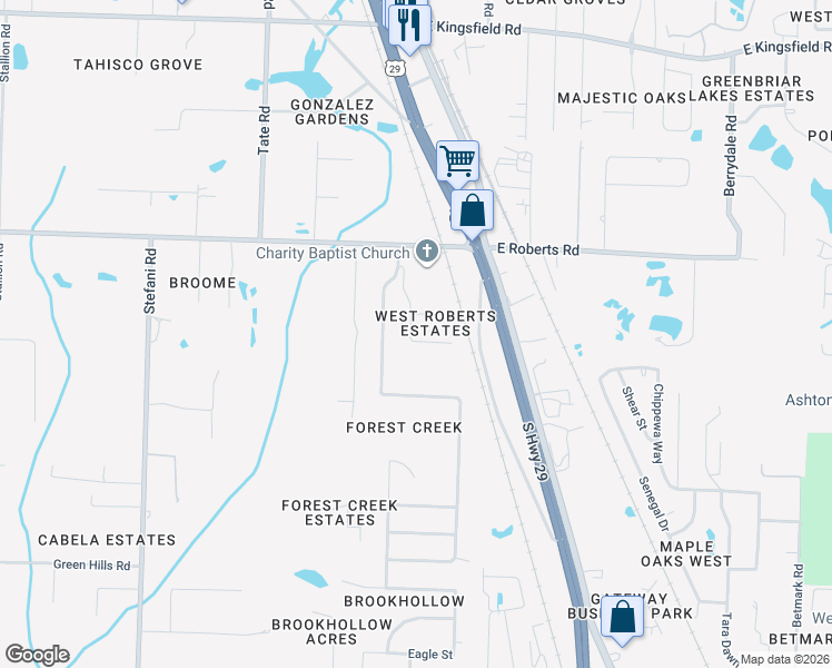 map of restaurants, bars, coffee shops, grocery stores, and more near 1114 Carla Drive in Gonzalez
