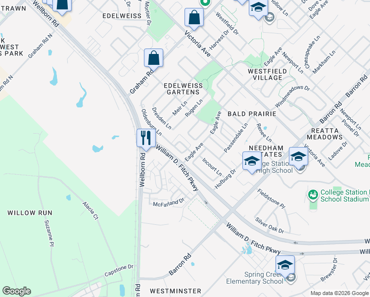 map of restaurants, bars, coffee shops, grocery stores, and more near 3868 Oldenburg Lane in College Station