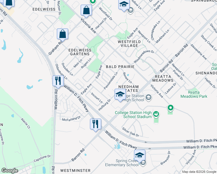 map of restaurants, bars, coffee shops, grocery stores, and more near 4000 Merlemont Court in College Station