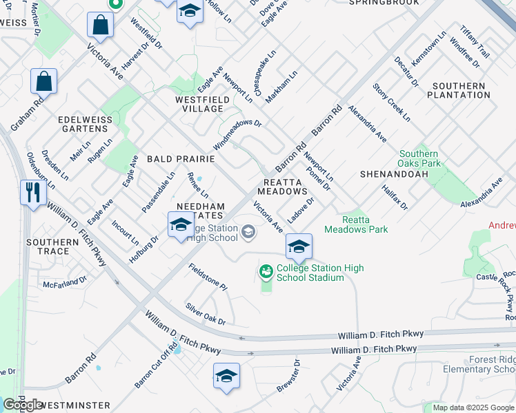 map of restaurants, bars, coffee shops, grocery stores, and more near Victoria Avenue in College Station
