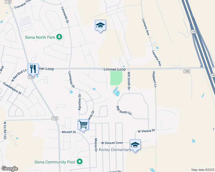 map of restaurants, bars, coffee shops, grocery stores, and more near 7219 Bargello Place in Round Rock