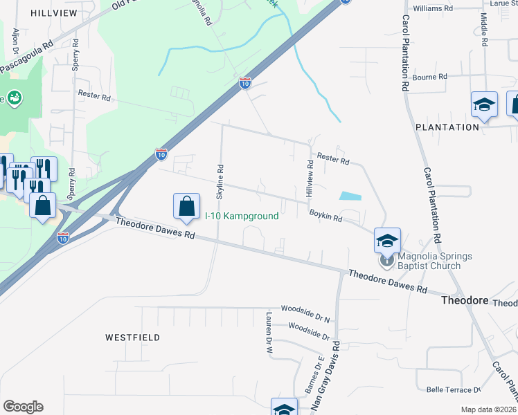 map of restaurants, bars, coffee shops, grocery stores, and more near 6430 Theodore Dawes Road in Theodore