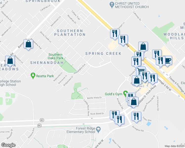 map of restaurants, bars, coffee shops, grocery stores, and more near 4311 Addison Court in College Station