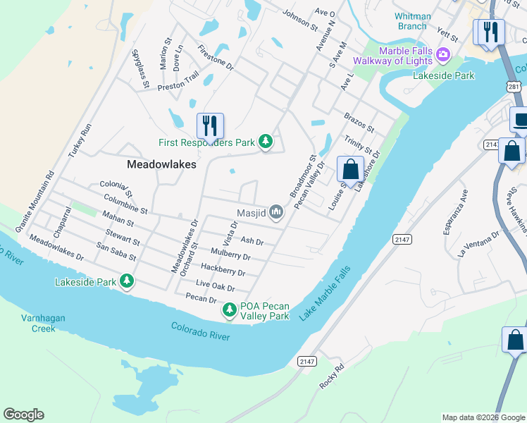 map of restaurants, bars, coffee shops, grocery stores, and more near 1113 Cedar Drive in Marble Falls