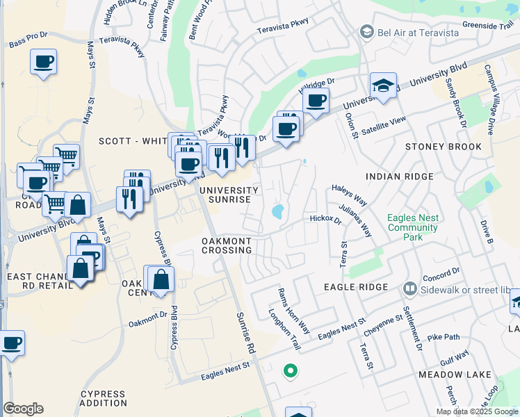 map of restaurants, bars, coffee shops, grocery stores, and more near 599 University Boulevard in Round Rock