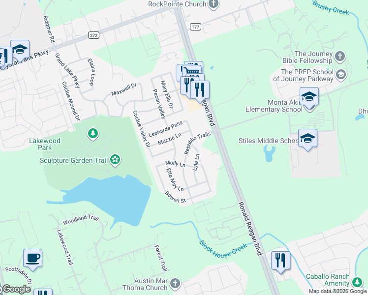 map of restaurants, bars, coffee shops, grocery stores, and more near 2309 Lyla Lane in Leander