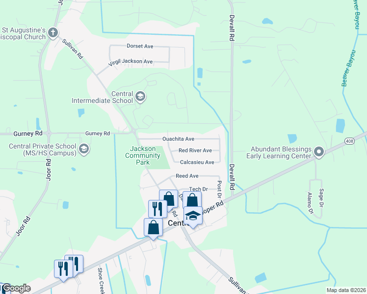 map of restaurants, bars, coffee shops, grocery stores, and more near 13705 Red River Avenue in Baton Rouge