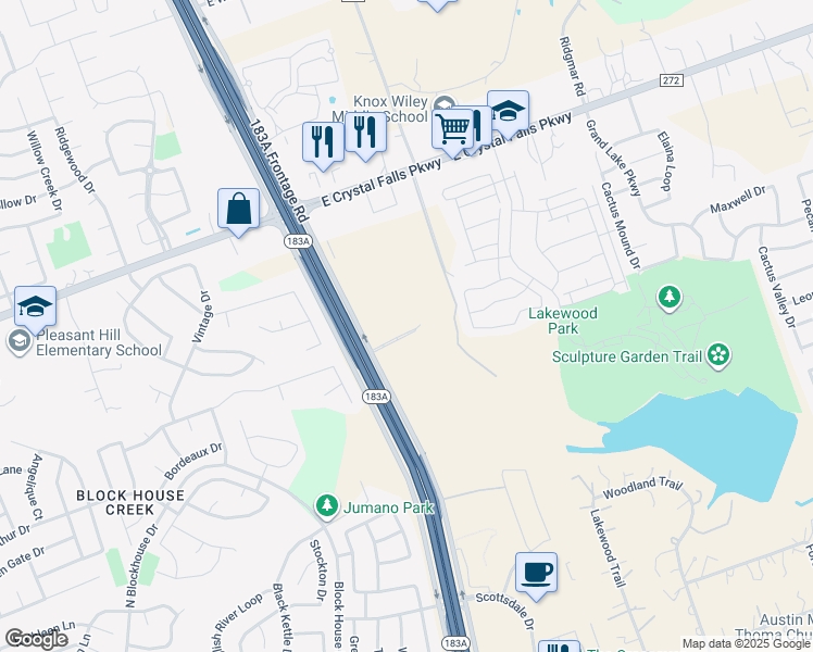 map of restaurants, bars, coffee shops, grocery stores, and more near 10744 East Crystal Falls Parkway in Leander