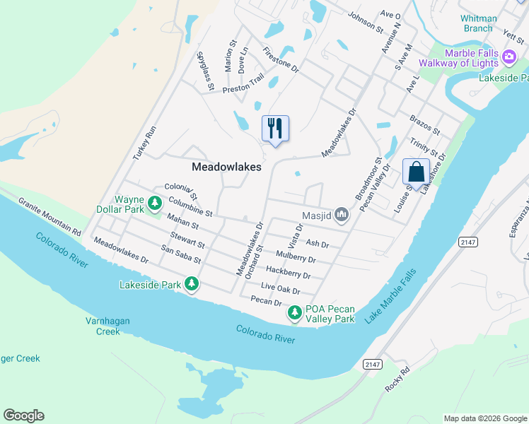 map of restaurants, bars, coffee shops, grocery stores, and more near 250 Meadowlakes Drive in Meadowlakes