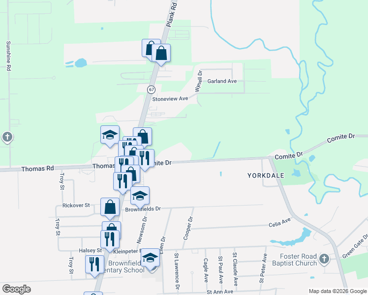 map of restaurants, bars, coffee shops, grocery stores, and more near 6243 Comite Drive in Baker
