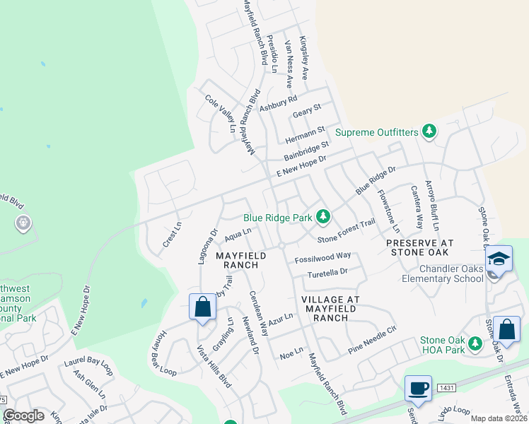 map of restaurants, bars, coffee shops, grocery stores, and more near 3849 Castle Rock Cove in Round Rock