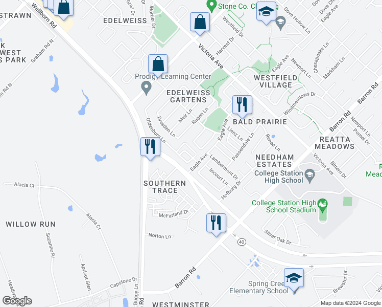 map of restaurants, bars, coffee shops, grocery stores, and more near 125 Kleine Lane in College Station