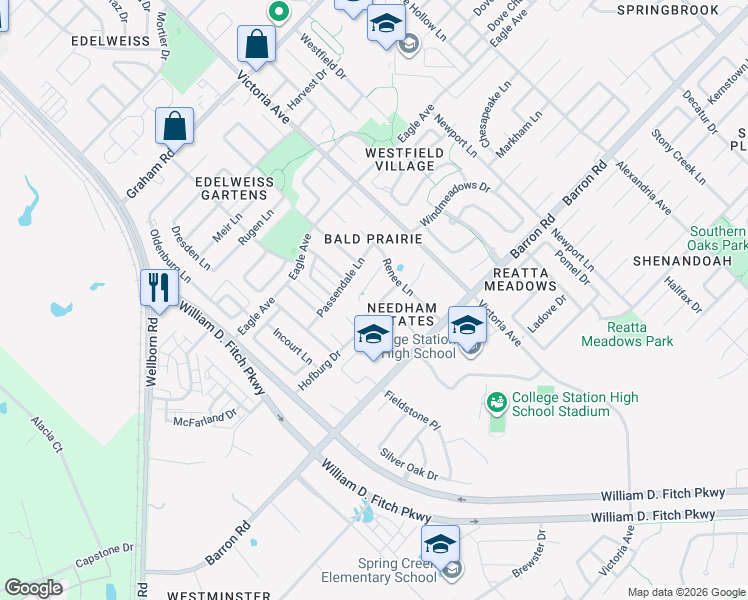 map of restaurants, bars, coffee shops, grocery stores, and more near 2515 Leyla Lane in College Station