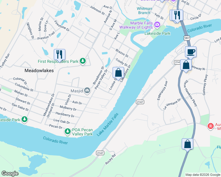map of restaurants, bars, coffee shops, grocery stores, and more near 1105 Louise St in Marble Falls