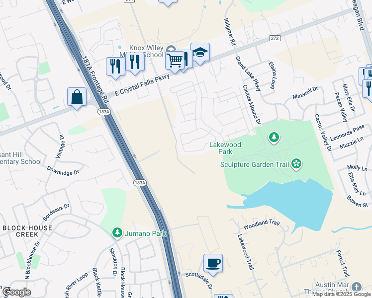 map of restaurants, bars, coffee shops, grocery stores, and more near 1740 Turtle Bay Loop in Leander