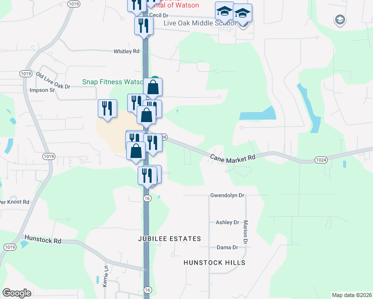 map of restaurants, bars, coffee shops, grocery stores, and more near 36409 Cane Market Road in Denham Springs