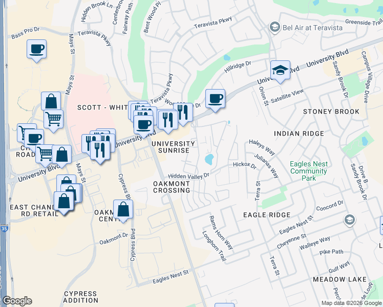 map of restaurants, bars, coffee shops, grocery stores, and more near 599 University Boulevard in Round Rock