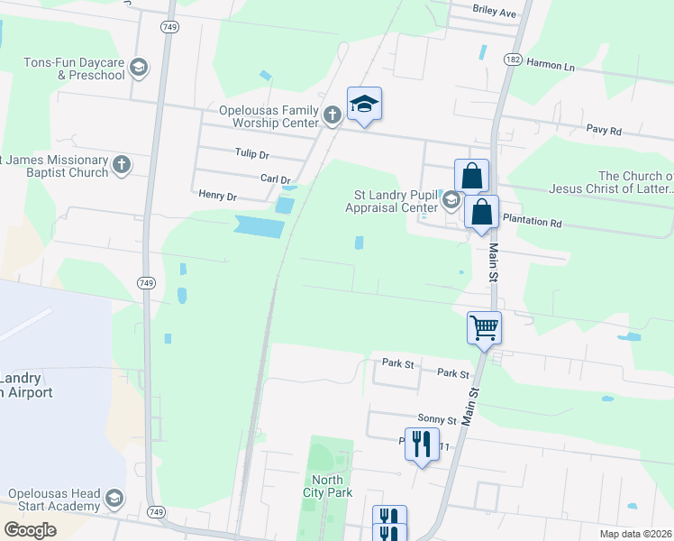 map of restaurants, bars, coffee shops, grocery stores, and more near 152 Andy Road in Opelousas
