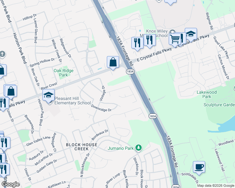 map of restaurants, bars, coffee shops, grocery stores, and more near 1205 Yountville Drive in Leander