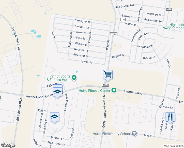map of restaurants, bars, coffee shops, grocery stores, and more near 119 Sylvan Street in Hutto