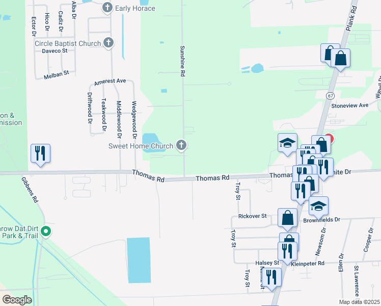 map of restaurants, bars, coffee shops, grocery stores, and more near 12620 Sunshine Road in Baton Rouge