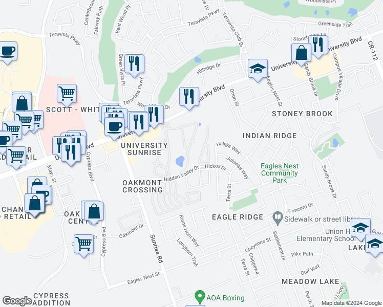 map of restaurants, bars, coffee shops, grocery stores, and more near 601 University Blvd in Round Rock