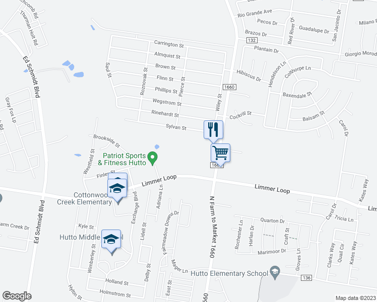 map of restaurants, bars, coffee shops, grocery stores, and more near 119 Sylvan Street in Hutto