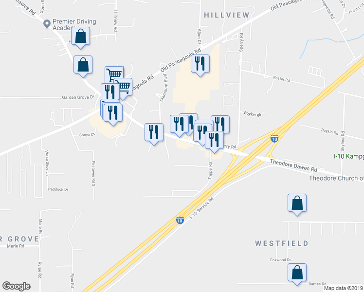map of restaurants, bars, coffee shops, grocery stores, and more near 7101 Theodore Dawes Road in Theodore