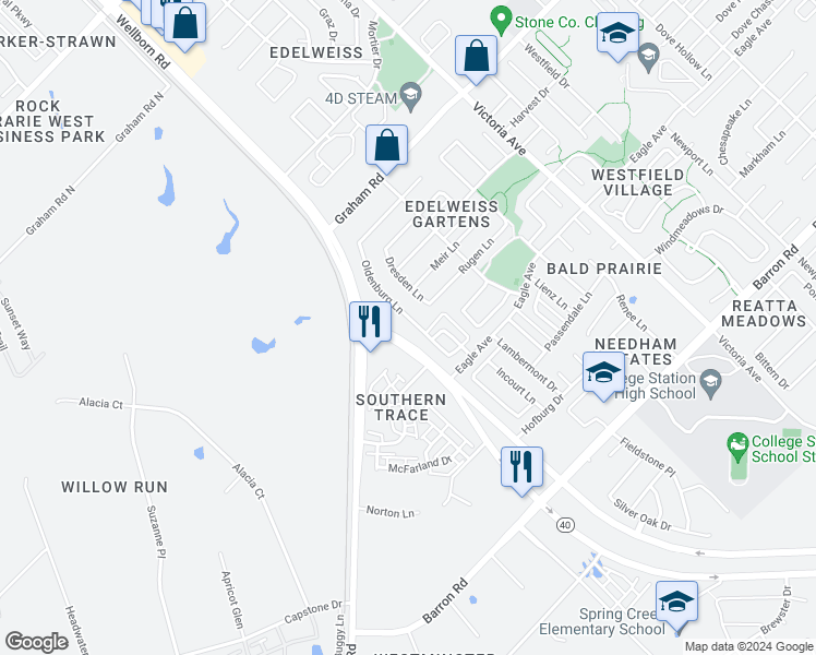 map of restaurants, bars, coffee shops, grocery stores, and more near 3822 Oldenburg Lane in College Station