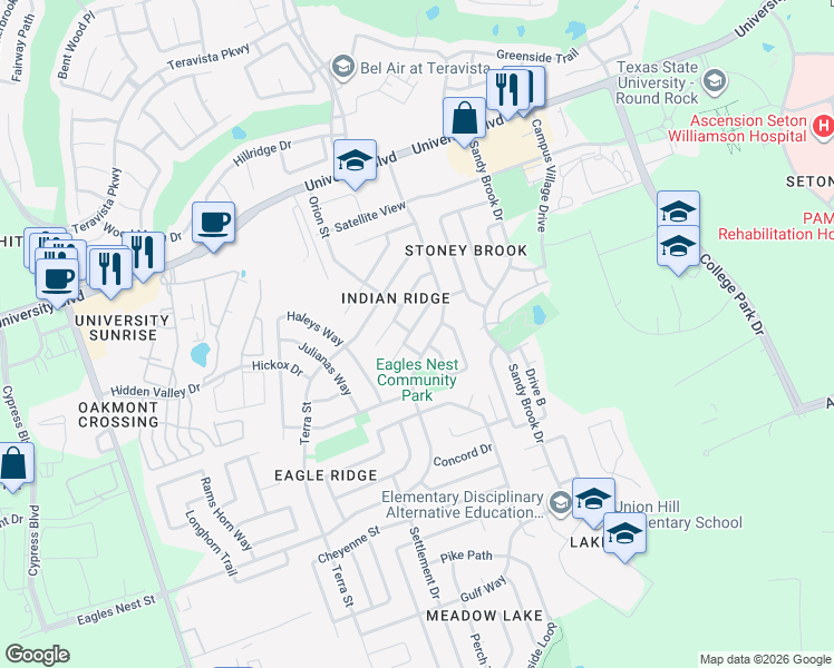 map of restaurants, bars, coffee shops, grocery stores, and more near 1405 Pigeon View Street in Round Rock