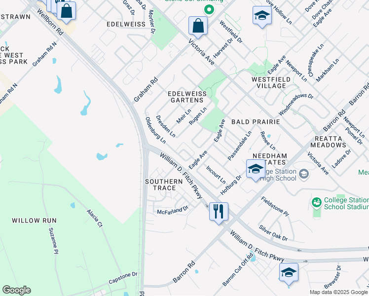 map of restaurants, bars, coffee shops, grocery stores, and more near 118 Walcourt Loop in College Station