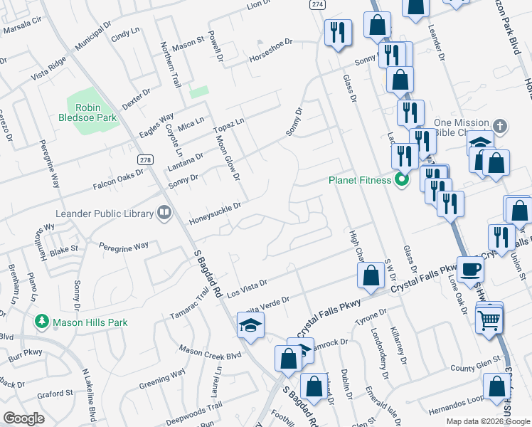 map of restaurants, bars, coffee shops, grocery stores, and more near 709 American Trail in Leander