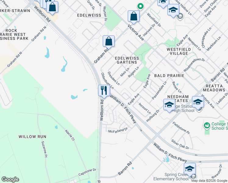 map of restaurants, bars, coffee shops, grocery stores, and more near 3830 Dresden Lane in College Station