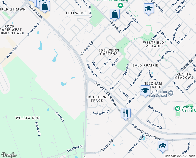 map of restaurants, bars, coffee shops, grocery stores, and more near 3830 Dresden Lane in College Station