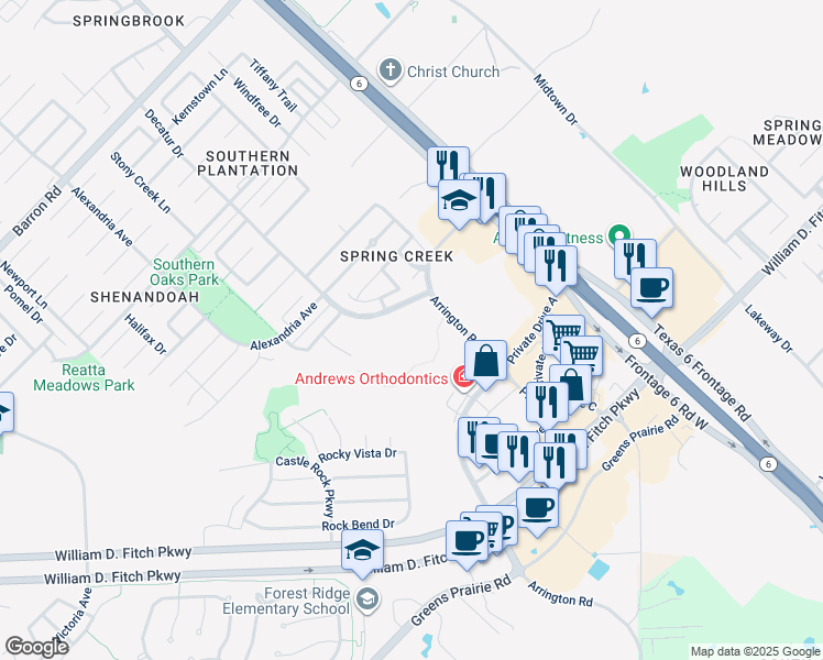map of restaurants, bars, coffee shops, grocery stores, and more near 1098 Arrington Road in College Station