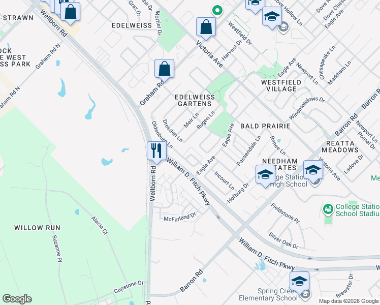map of restaurants, bars, coffee shops, grocery stores, and more near 3830 Dresden Lane in College Station