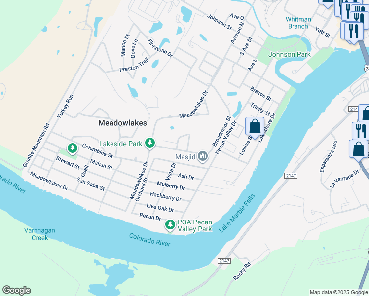 map of restaurants, bars, coffee shops, grocery stores, and more near 272 Brae Burn Circle in Meadowlakes
