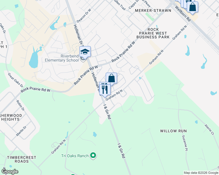 map of restaurants, bars, coffee shops, grocery stores, and more near 113 Ridge Creek in College Station