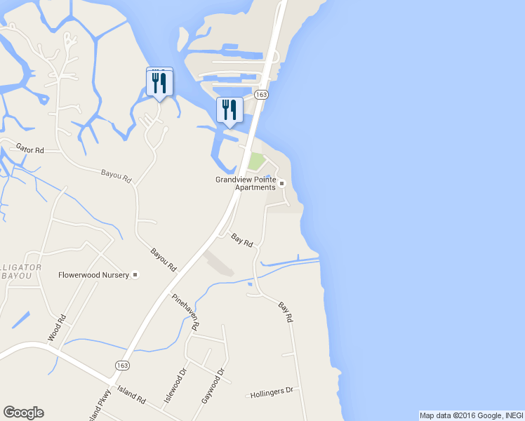 map of restaurants, bars, coffee shops, grocery stores, and more near 3 North Bay Road in Mobile