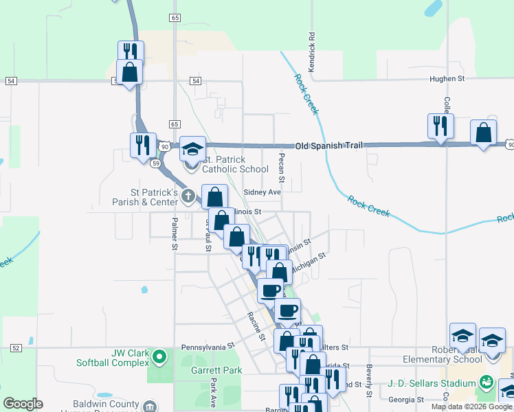 map of restaurants, bars, coffee shops, grocery stores, and more near 18330 Sidney Ave in Robertsdale