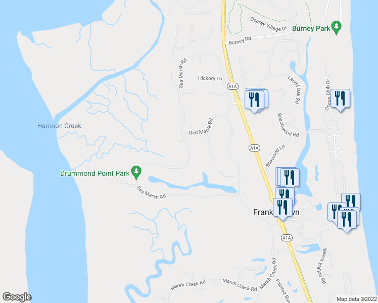 map of restaurants, bars, coffee shops, grocery stores, and more near Sea Marsh Road in Fernandina Beach