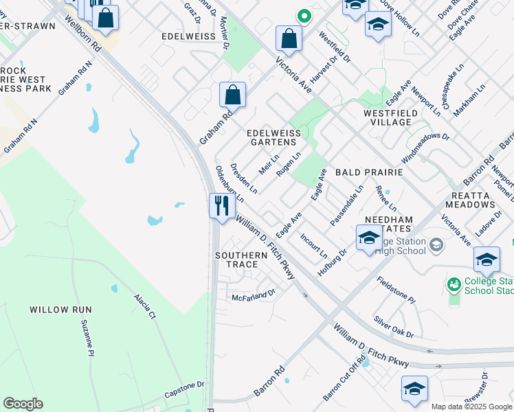 map of restaurants, bars, coffee shops, grocery stores, and more near 3829 Oldenburg Lane in College Station