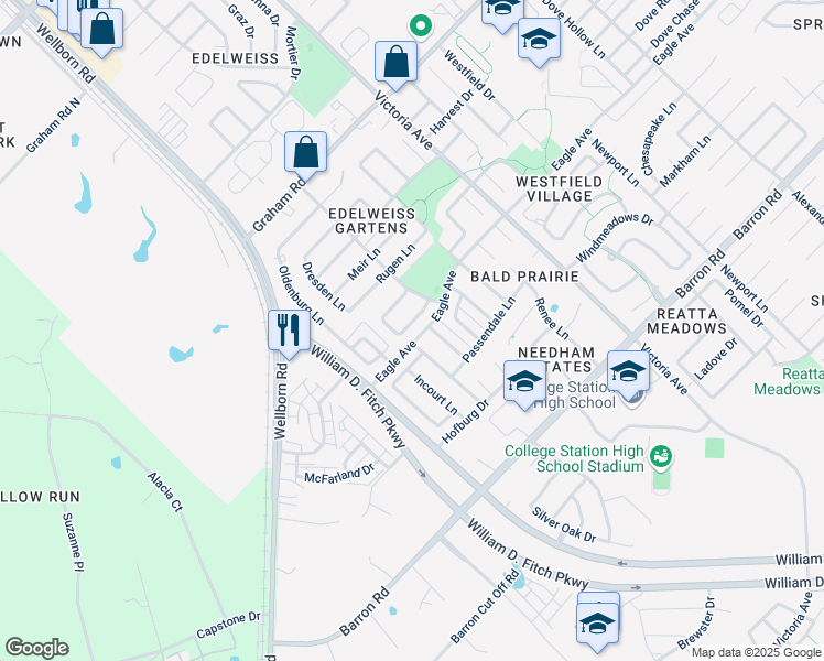 map of restaurants, bars, coffee shops, grocery stores, and more near 144-146 Walcourt Loop in College Station