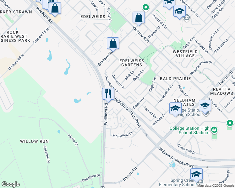 map of restaurants, bars, coffee shops, grocery stores, and more near 3800 Oldenburg Lane in College Station